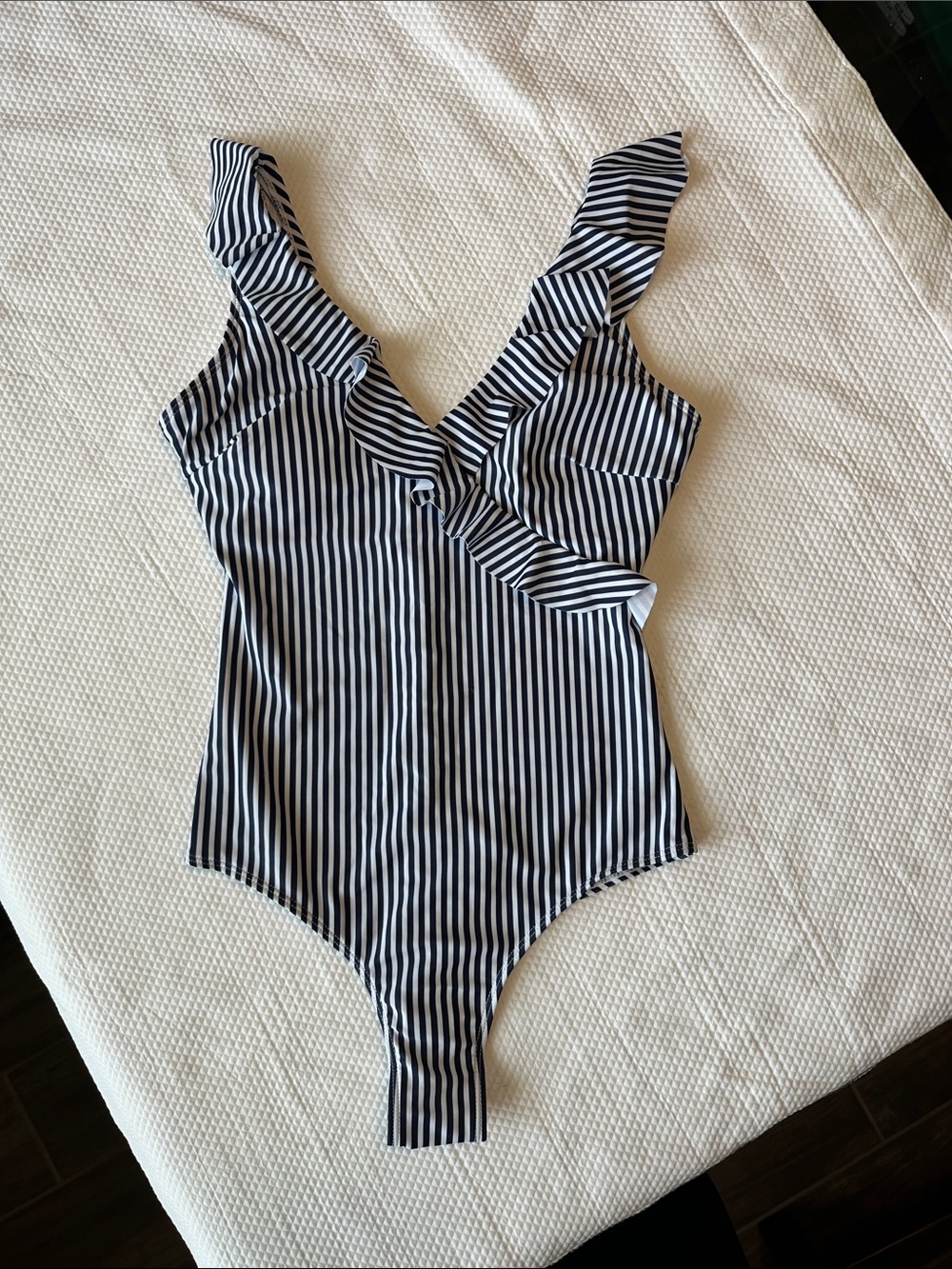 Navy White Striped Ruffle One Piece Swimsuit Wrap Front Size M